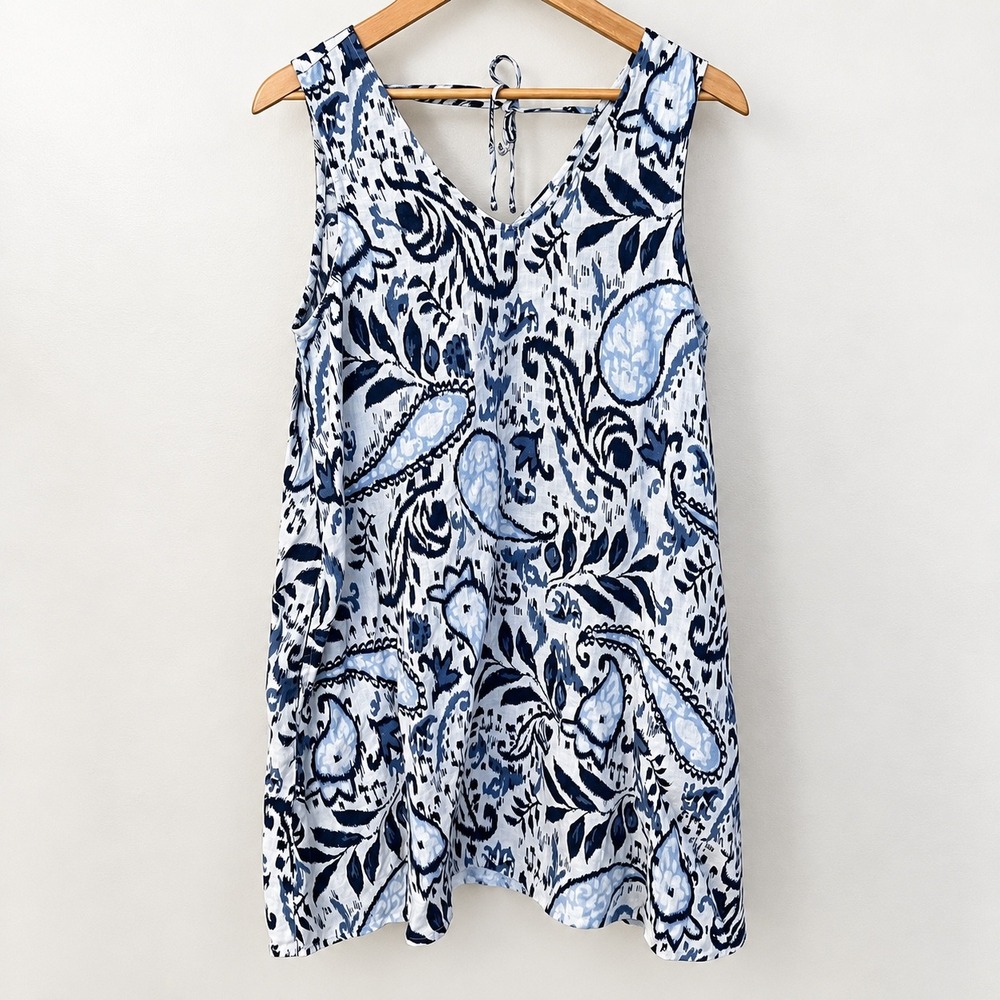 Lucky Brand Blue White Paisley Ikat 100% Linen Sleeveless Shift Dress Pockets S
